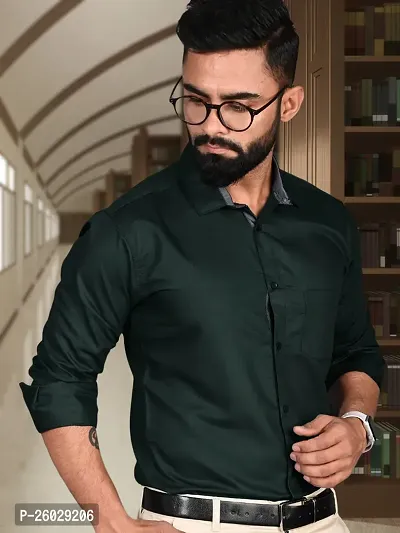 Men Stylish Green Cotton Solid Long Sleeve Semi Formal Shirt-thumb3