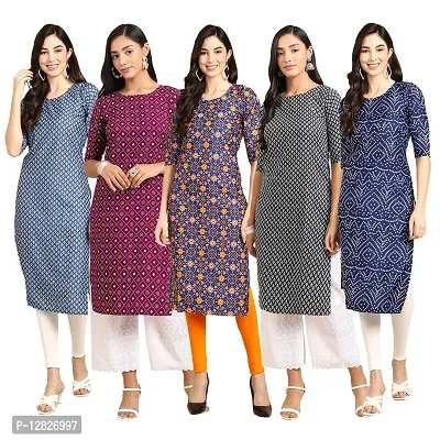 Women Crepe Digital Printed Straight Kurti { Pack of 5 }-thumb0