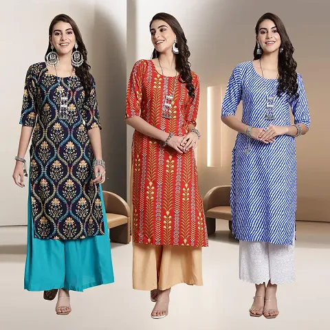 Fancy Crepe Multicoloured A-Line Kurti - Pack Of 3