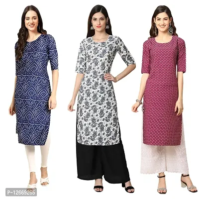 Women Crepe Digital Printed Straight Kurti  Pack of 3