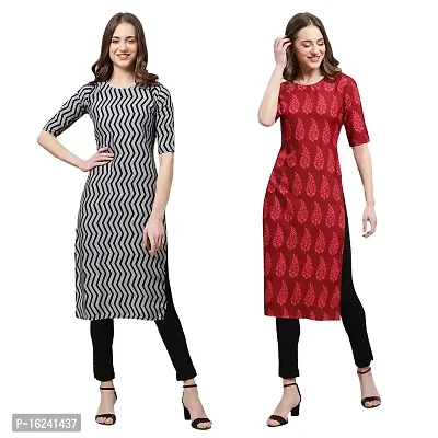 Stylish Straight Multicoloured Printed Crepe Kurta For Women Combo Pack Of 2-thumb0