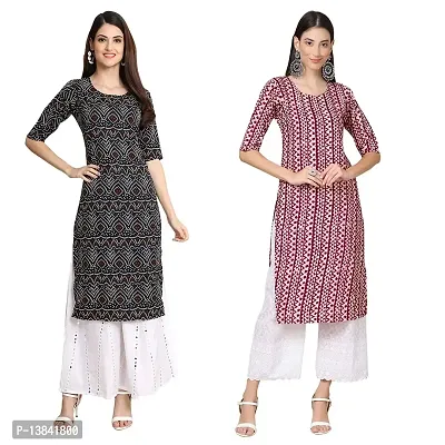 Stylish Straight Multicoloured Printed Crepe Kurta For Women Combo Pack Of 2-thumb0