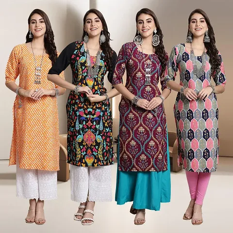 Fancy Multicoloured A-Line Crepe Kurti - Pack of 4