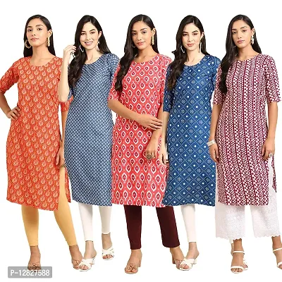 Attractive Straight Multicoloured Printed Crepe Kurta Combo For Women Pack Of 5-thumb0