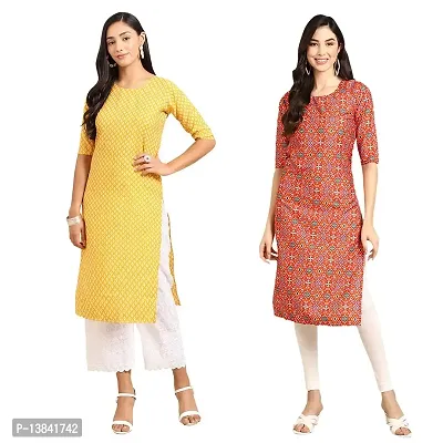 Stylish Straight Multicoloured Printed Crepe Kurta For Women Combo Pack Of 2-thumb0