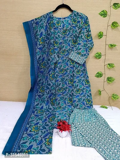 Fancy Cotton Blend Kurta Bottom And Dupatta Set For Women-thumb0