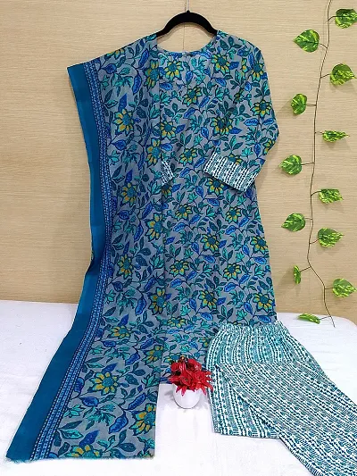 Stylish Cotton Woven Design Straight Kurtis With Bottom And Dupatta Set