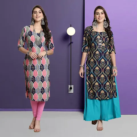 Stylish Crepe A-Line Printed Kurti - Pack of 2