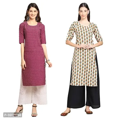 Fashionable Straight Multicoloured Printed Crepe Kurta For Women Combo Pack Of 2