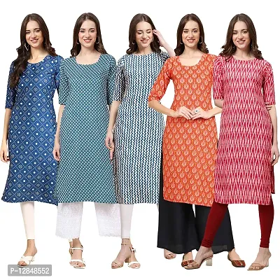 Straight Multicoloured Printed Crepe Kurta Pack Of 5