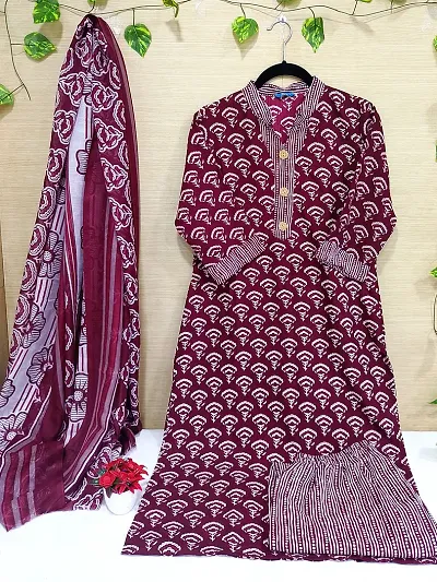 Stylish Cotton Blend Printed Kurta Bottom Dupatta Set