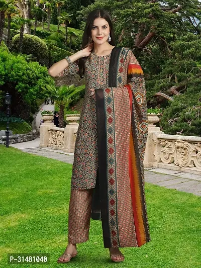 Stylish Multicoloured Cotton Blend Printed Kurta, Bottom and Dupatta Set For Women-thumb2