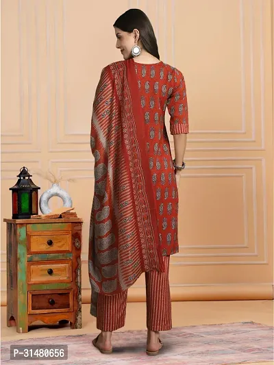 Stylish Red Cotton Blend Printed Kurta, Bottom and Dupatta Set For Women-thumb2