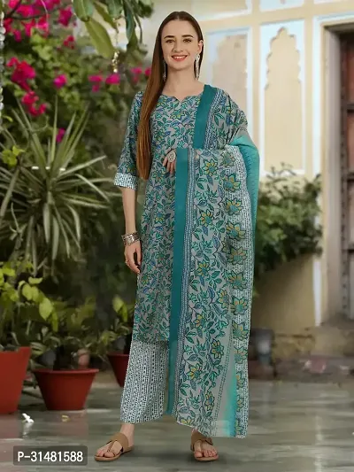 Stylish Cotton Blend Printed Kurta With Pant And Dupatta Set For Women-thumb2