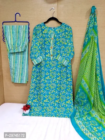 Stylish Blue Cotton Printed Kurta Bottom and Dupatta Set For Women-thumb0