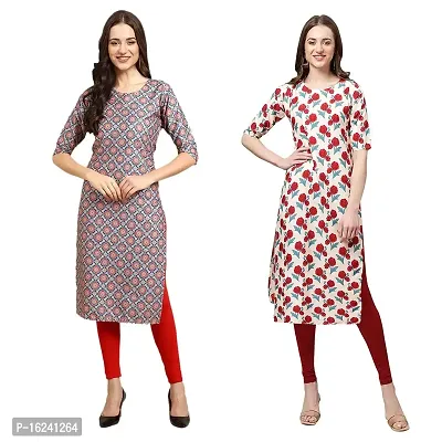 Stylish Straight Multicoloured Printed Crepe Kurta For Women Combo Pack Of 2