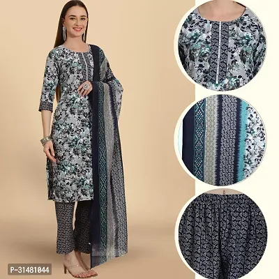 Stylish Navy Blue Cotton Blend Printed Kurta, Bottom and Dupatta Set For Women-thumb0