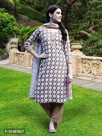 Stylish Beige Cotton Blend Printed Kurta, Bottom and Dupatta Set For Women-thumb2