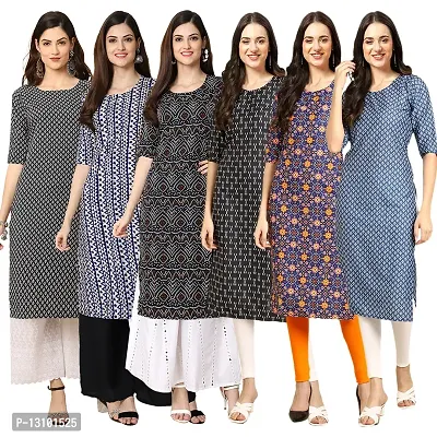 Women Crepe Digital Printed Straight Kurti  Pack of 6