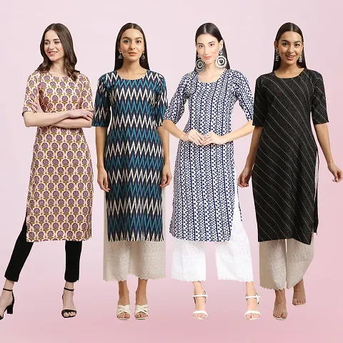 Women Stylish Crepe Printed Straight Kurta Combo Of 4