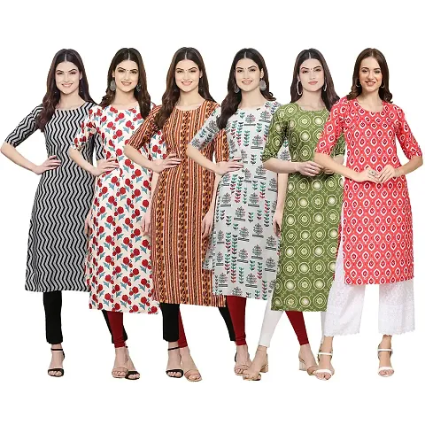 Stylish Crepe Straight Printed Kurta - Pack Of 6