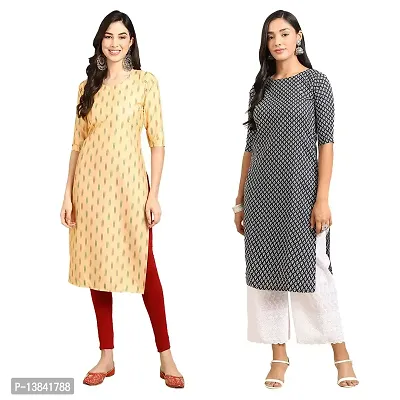 Stylish Straight Multicoloured Printed Crepe Kurta For Women Combo Pack Of 2