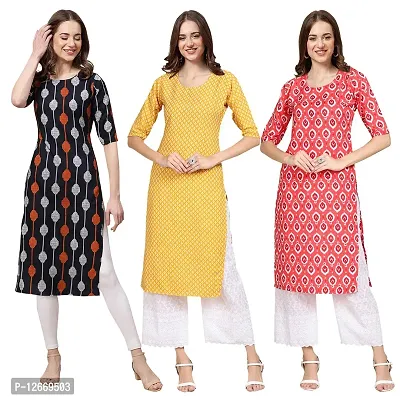 Women Crepe Digital Printed Straight Kurti  Pack of 3