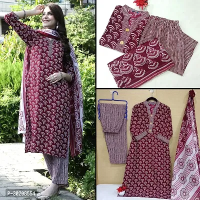 Elegant Cotton Printed Kurta with Pant And Dupatta Set For Women