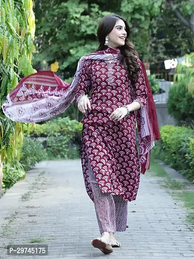 Stylish Maroon Cotton Printed Kurta Bottom and Dupatta Set For Women-thumb2