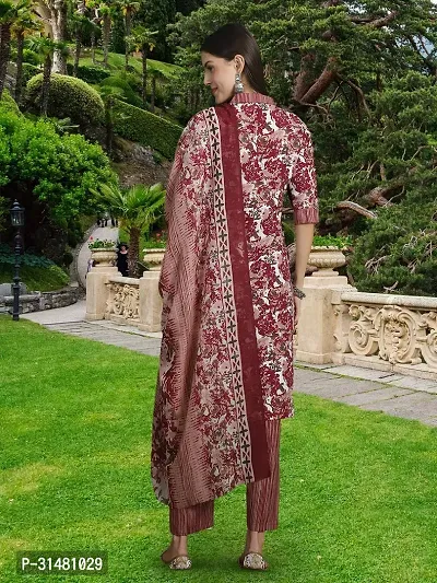 Stylish Maroon Cotton Blend Printed Kurta, Bottom and Dupatta Set For Women-thumb3