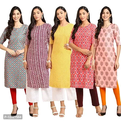 Attractive Straight Multicoloured Printed Crepe Kurta Combo For Women Pack Of 5