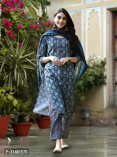 Stylish Cotton Blend Printed Kurta With Pant And Dupatta Set For Women-thumb0