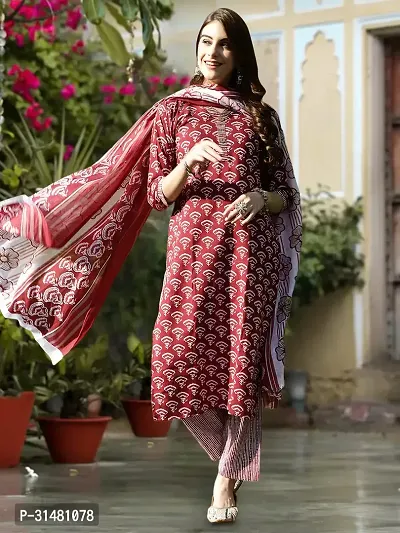 Stylish Cotton Blend Printed Kurta With Pant And Dupatta Set For Women-thumb3