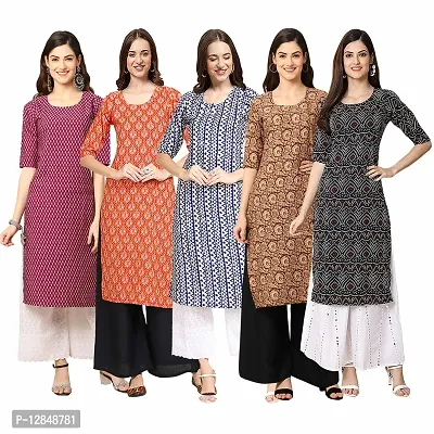 Straight Multicoloured Printed Crepe Kurta Pack Of 5-thumb0