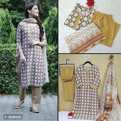 Elegant Cotton Printed Kurta with Pant And Dupatta Set For Women-thumb0