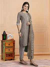 Stylish Grey Melange Cotton Blend Printed Kurta, Bottom and Dupatta Set For Women-thumb2