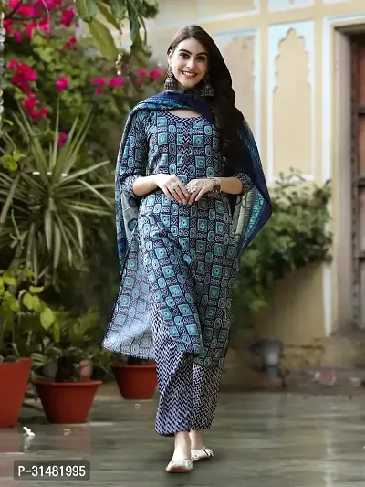 Stylish Cotton Blend Printed Kurta With Pant And Dupatta Set For Women-thumb0