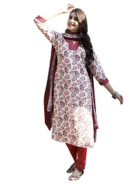 Stylish Cotton A-Line Multicoloured Printed Kurta, Bottom and Dupatta Set For Women-thumb1