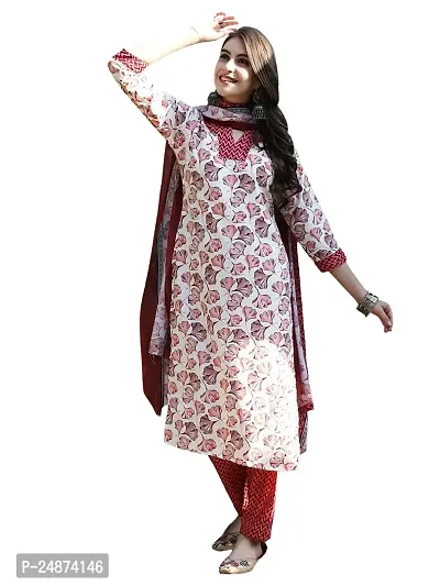 Stylish Cotton A-Line Multicoloured Printed Kurta, Bottom and Dupatta Set For Women-thumb2