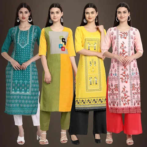 Elegant Crepe Printed Straight 3/4 Sleeves Kurta - Pack Of 4