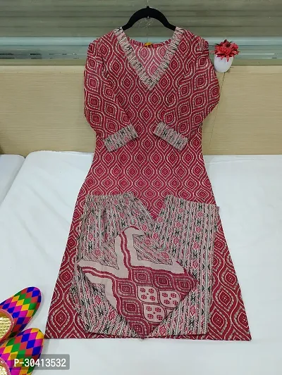 Pretty Red Printed Cotton Straight Kurta Pant With Dupatta For Women-thumb0