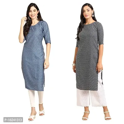 Stylish Straight Multicoloured Printed Crepe Kurta For Women Combo Pack Of 2-thumb0