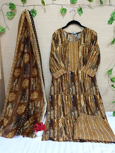 Stylish Cotton  A-Line Printed Kurta With Bottom And Dupatta Set