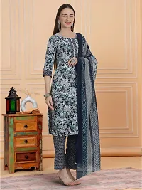 Stylish Blue Cotton Blend Printed Kurta, Bottom and Dupatta Set For Women-thumb3