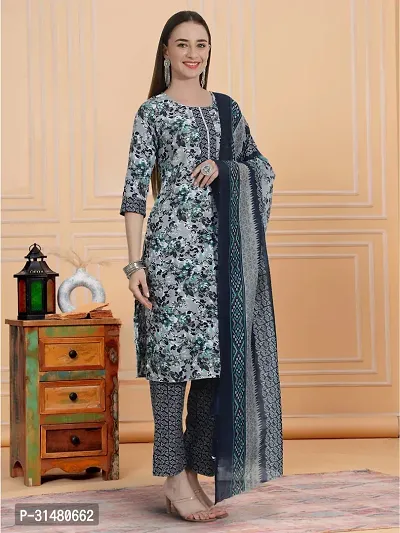 Stylish Blue Cotton Blend Printed Kurta, Bottom and Dupatta Set For Women-thumb4