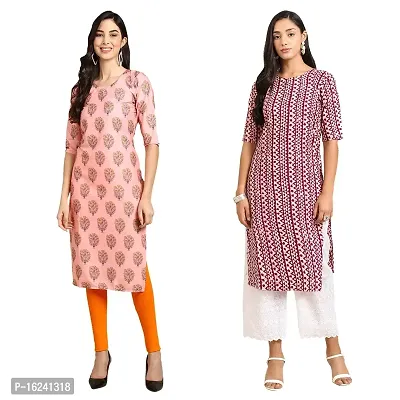 Stylish Straight Multicoloured Printed Crepe Kurta For Women Combo Pack Of 2