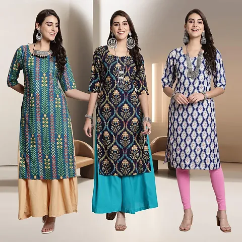 Fancy Crepe Multicoloured A-Line Kurtis - Pack Of 3