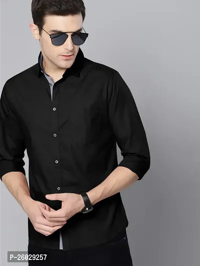 Men Stylish Black Cotton Solid Long Sleeve Semi Formal Shirt-thumb2