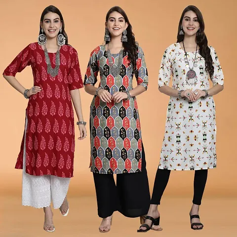 Stylish Crepe Self Pattern Straight Kurtis - Pack Of 3