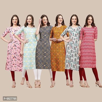 Women Crepe Digital Printed Straight Kurti  Pack of 6